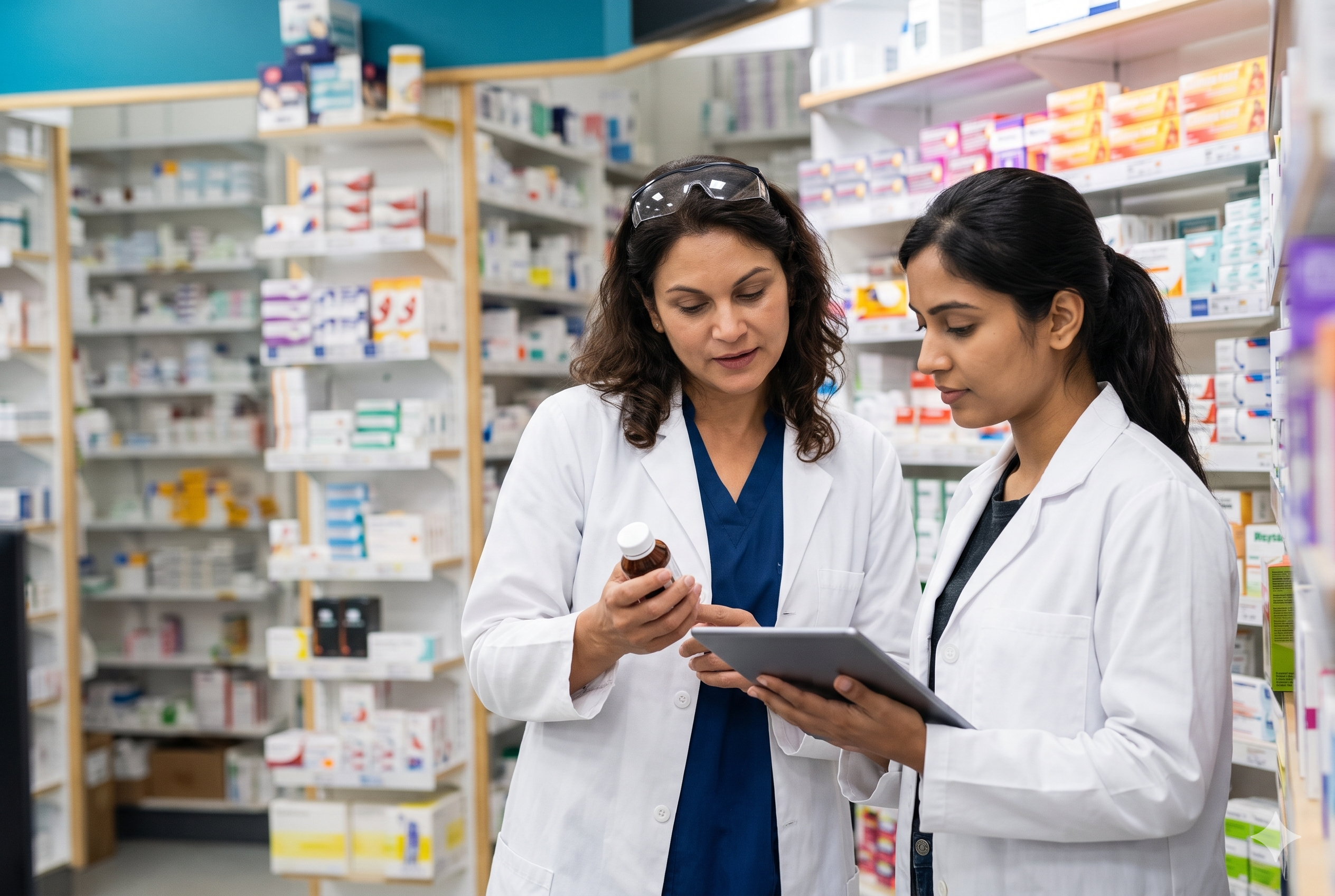 Pharmacists reviewing medicines in a pharmacy