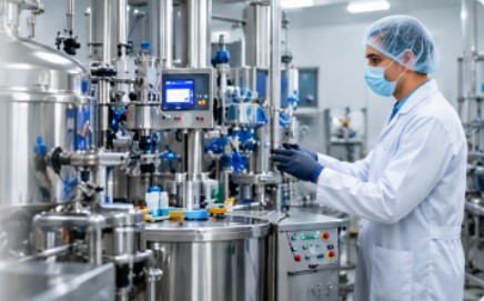 Technician operating pharmaceutical manufacturing equipment